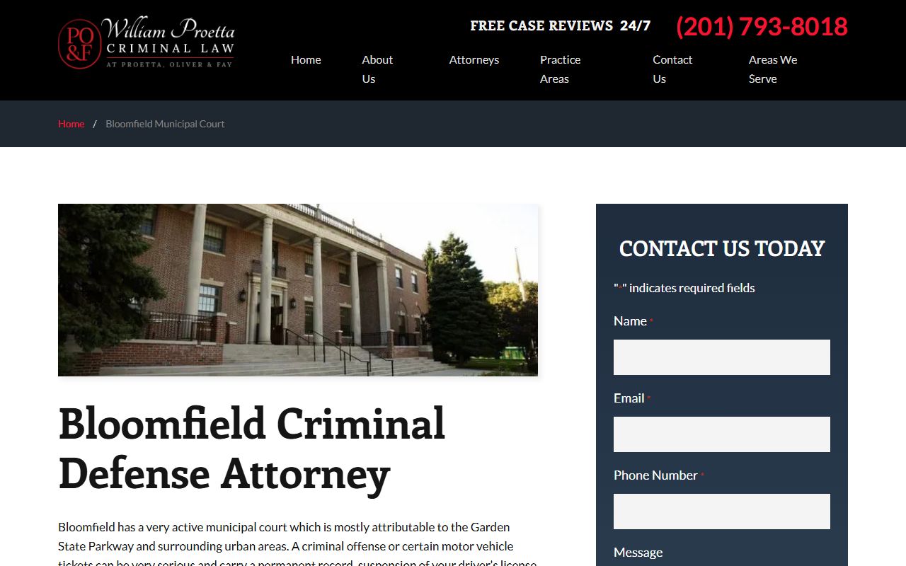 Bloomfield Township court information page showing Garden State Parkway jurisdiction and session schedule