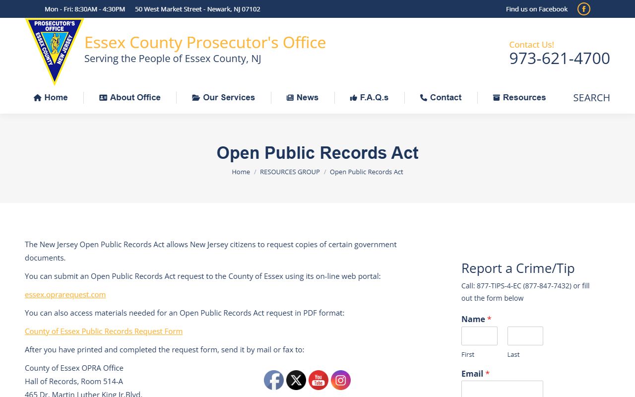 Essex County OPRA Portal information for East Orange criminal court records requests