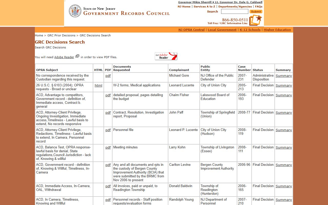 GRC decisions database for Franklin Township criminal court records cases
