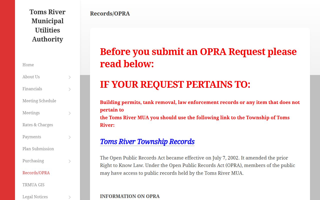 OPRA records request information page relevant to Jackson Township criminal court records access