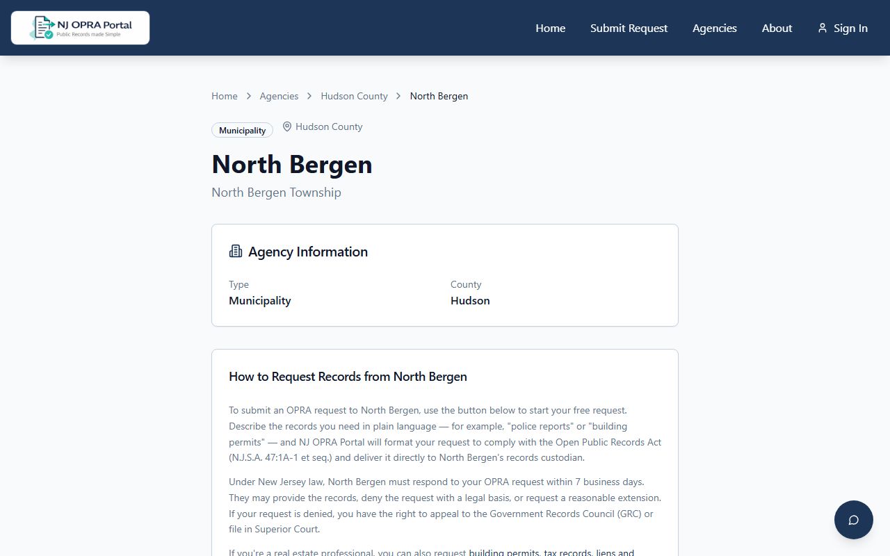 North Bergen Township OPRA portal for submitting criminal court records requests