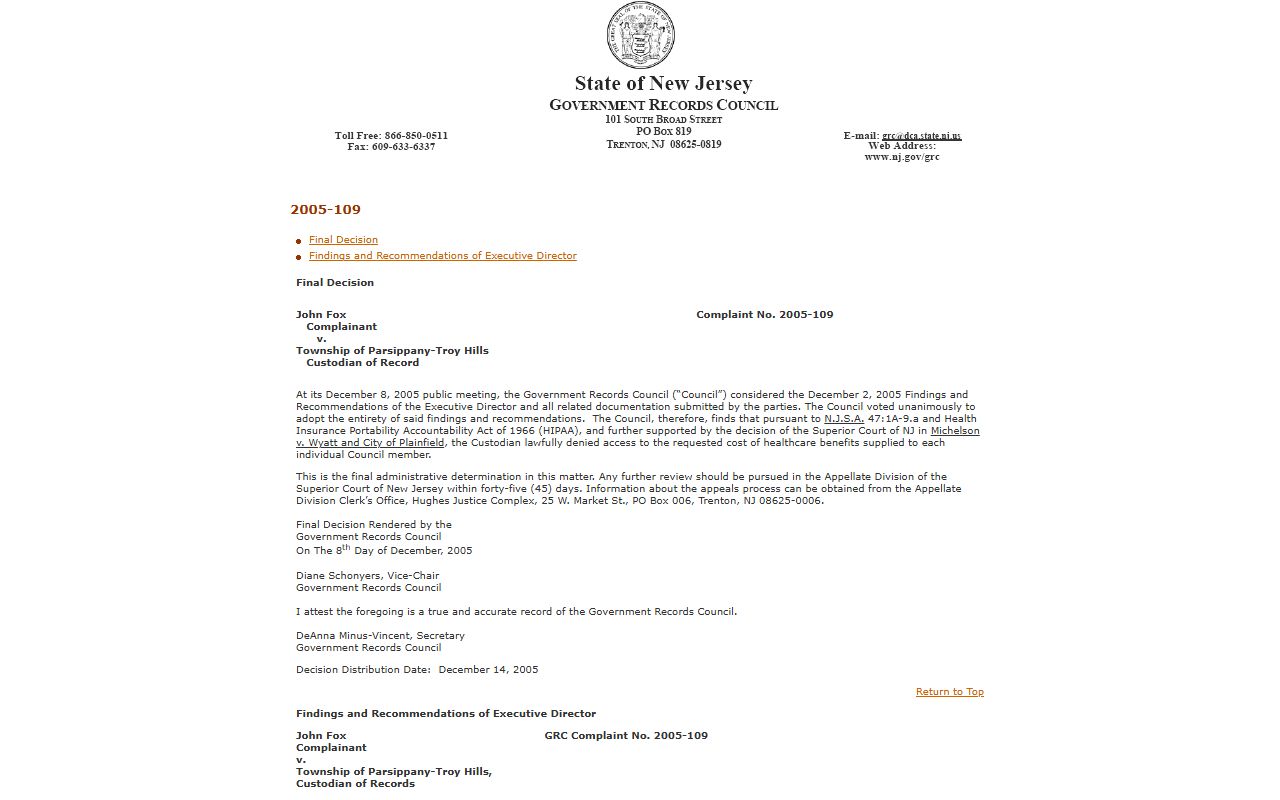 Government Records Council decision page for Parsippany-Troy Hills Township OPRA case