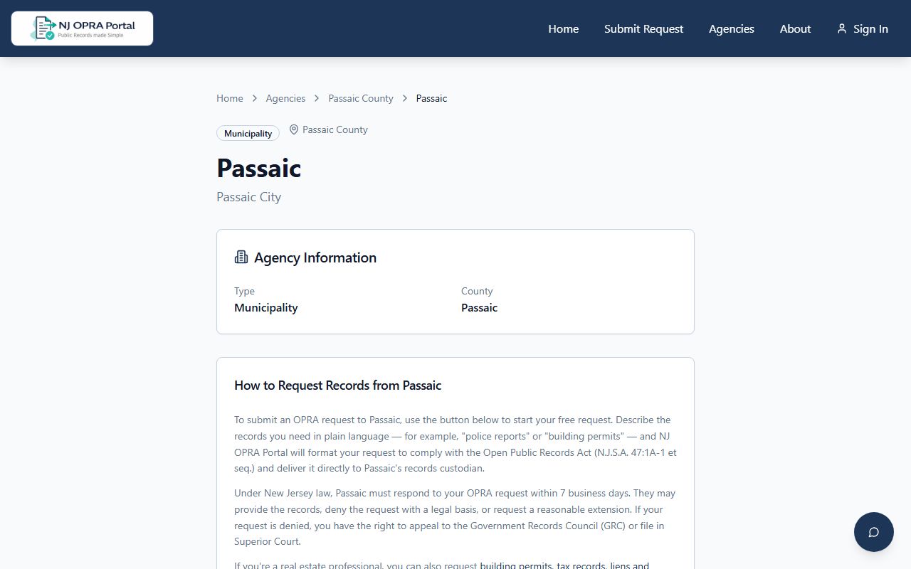 Passaic City OPRA Portal for submitting criminal court records requests