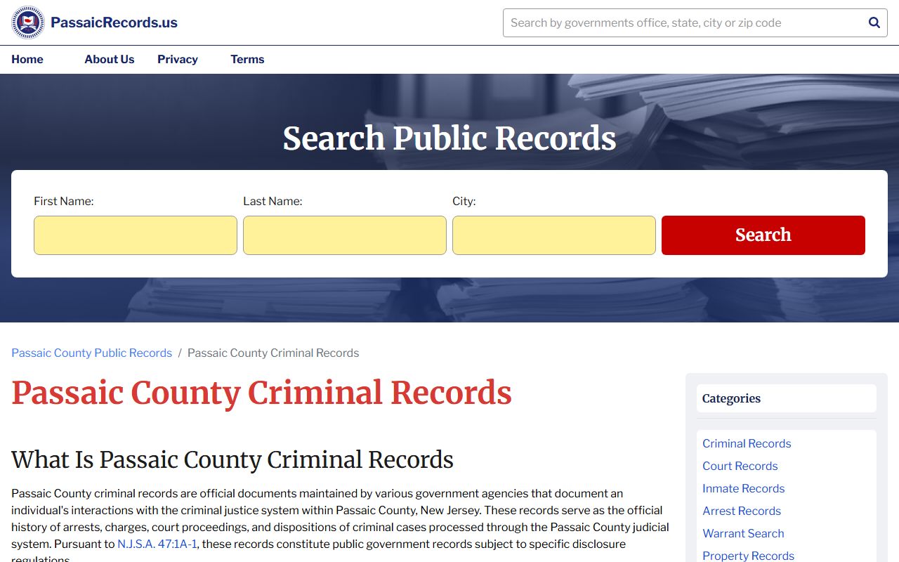 Passaic County criminal records information page for Passaic City residents