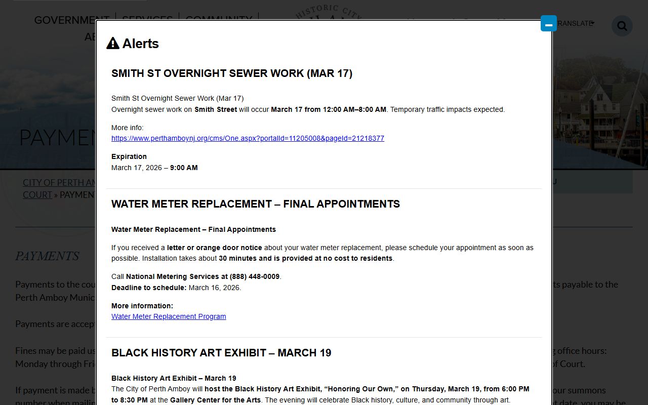 Perth Amboy Municipal Court payment information page showing accepted payment methods