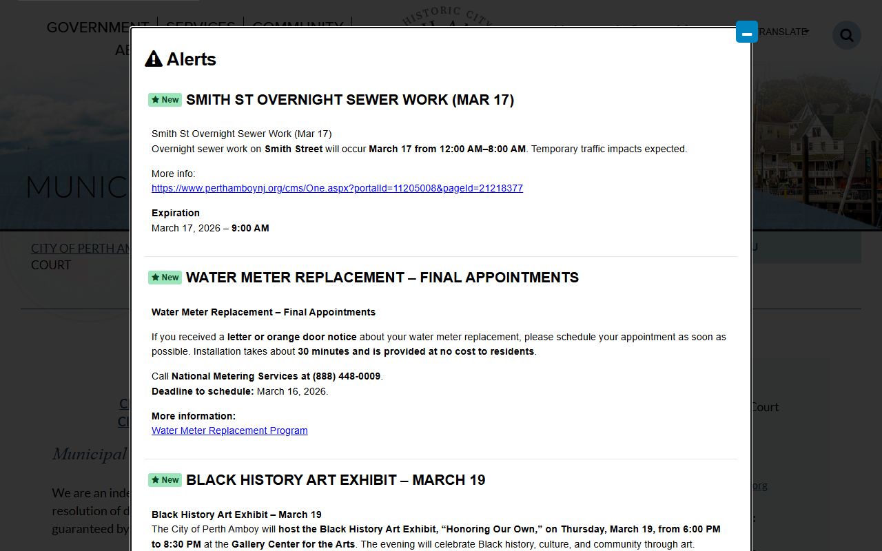 Perth Amboy Municipal Court official website showing court hours and contact information