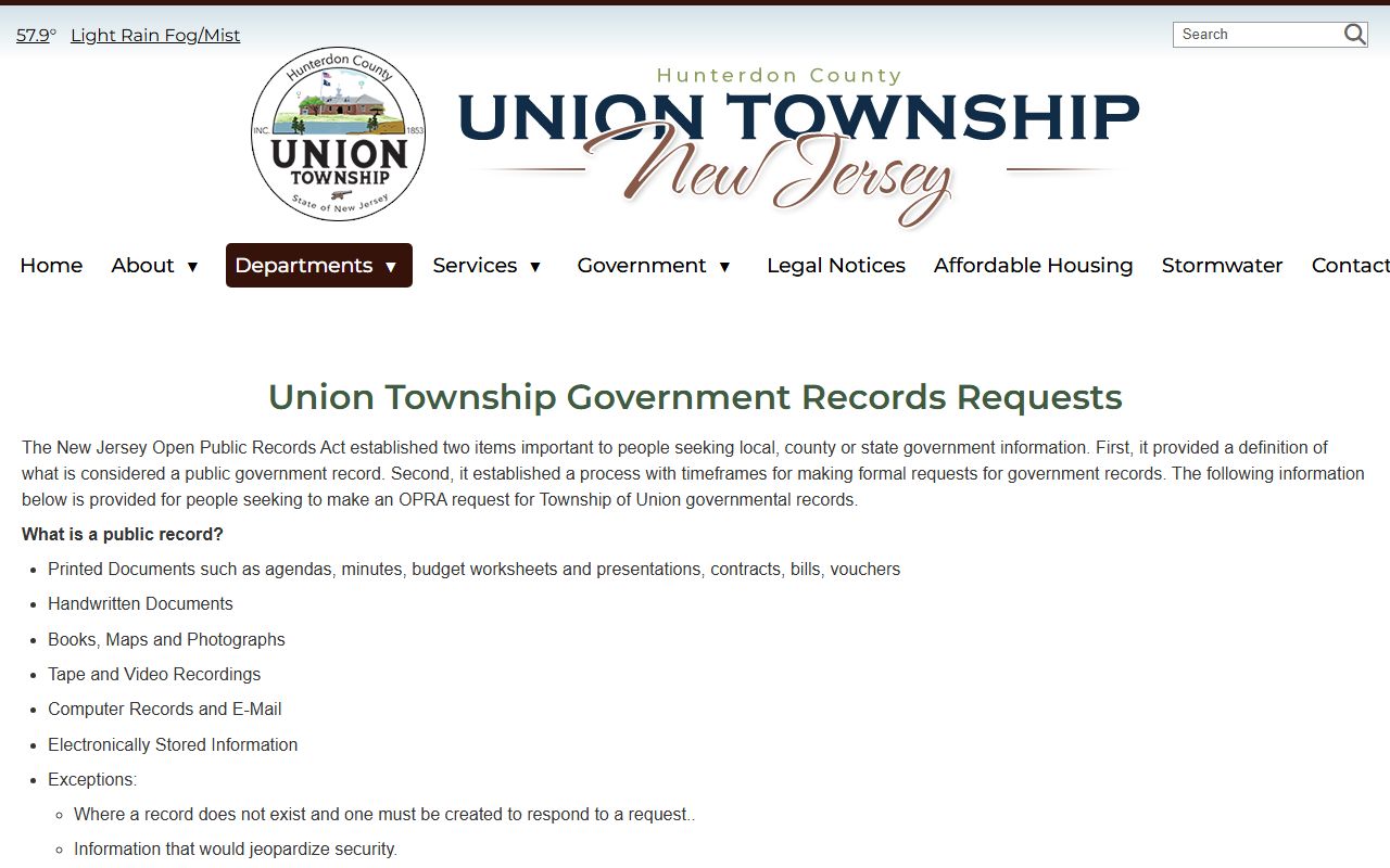 Union Township government records request page for accessing criminal court records and public documents