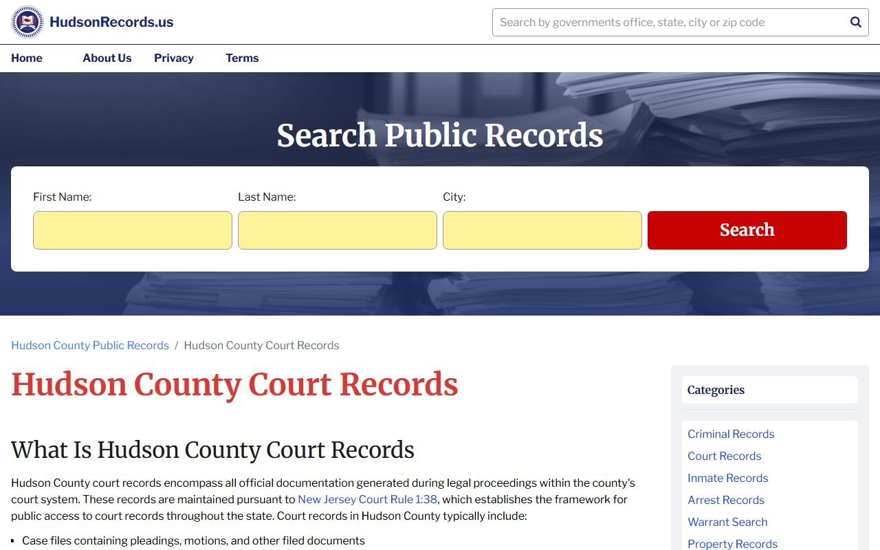 Hudson County court records page showing record request procedures and fee information