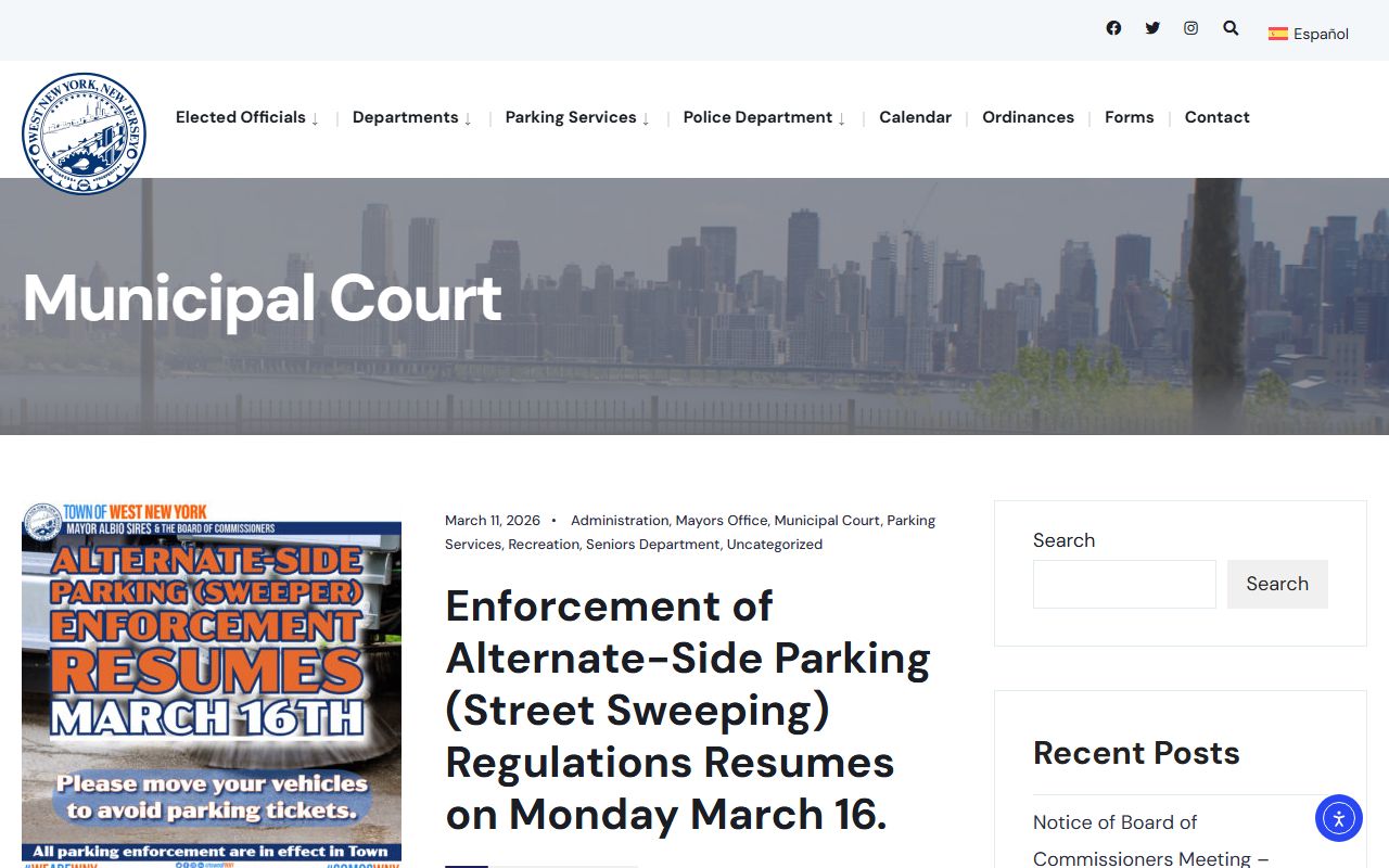 West New York Municipal Court official website showing virtual court instructions and contact information