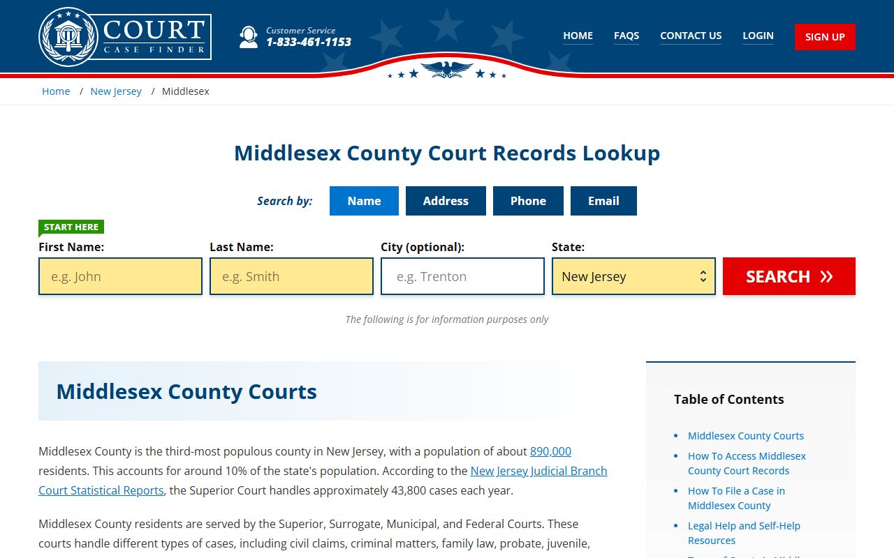 Middlesex County court records search page for criminal court records