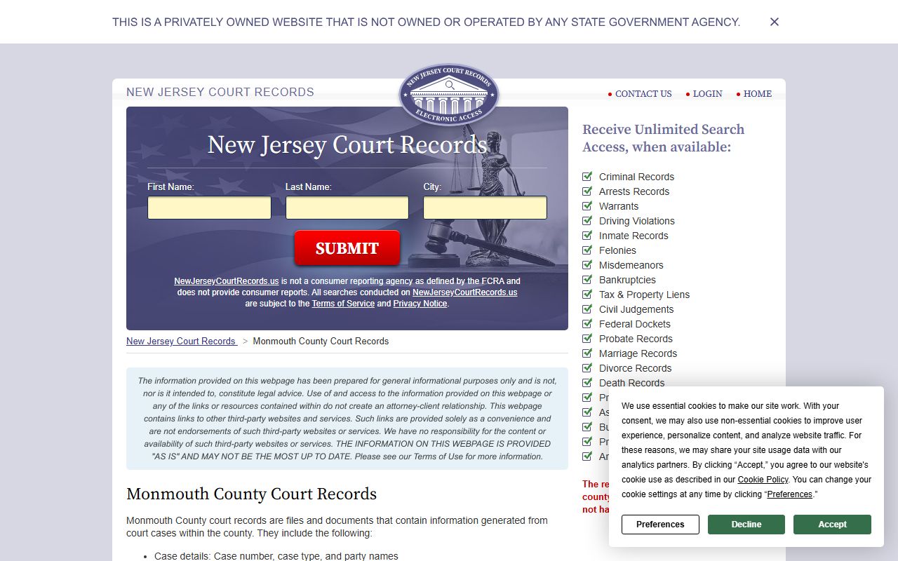 Monmouth County court records page for criminal court records