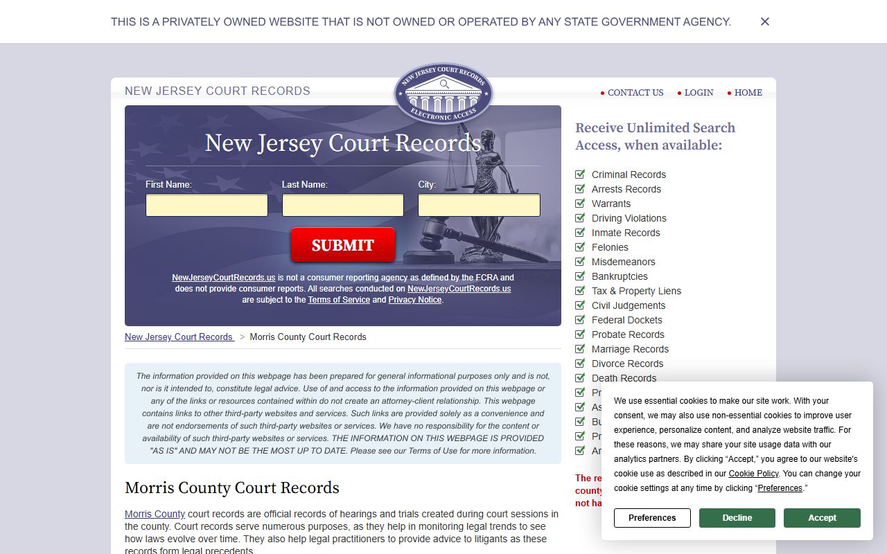 Morris County court records page for criminal court records