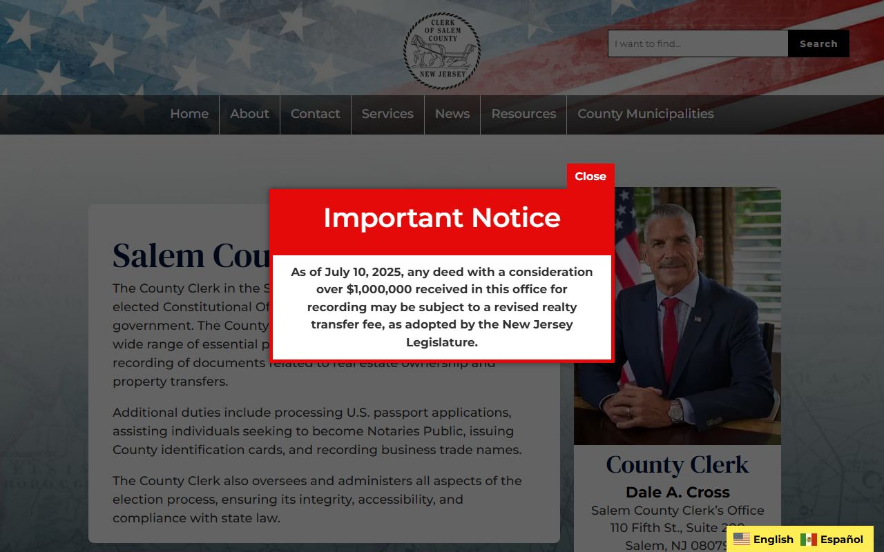 Salem County Clerk website for public records and criminal court records