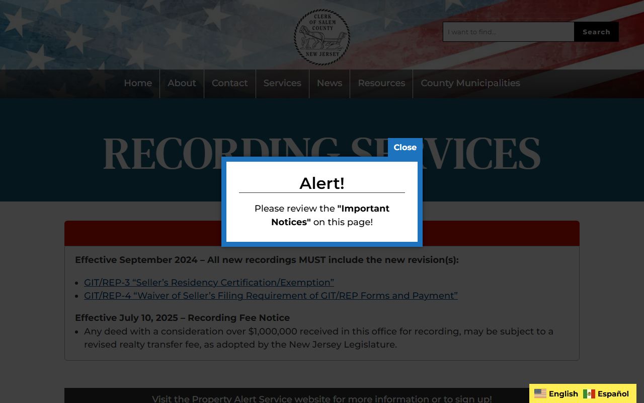 Salem County recording services page for public records